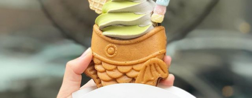 This is a photo of a takoyaki ice cream cone , eaten whiel traveling in Japan