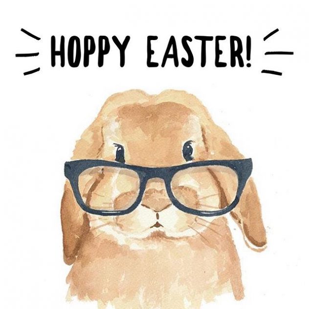 Hoppy Easter. This shows a watercolor paiting of a rabbit wearing eyeglasses.